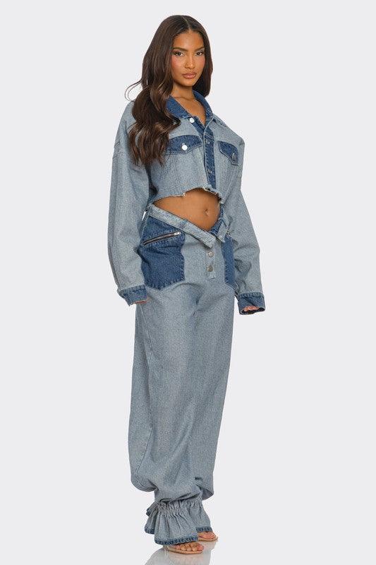 Denim Cropped Contrast Set - Modestly Vogue 