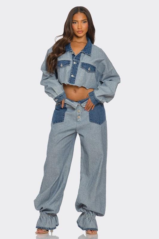 Denim Cropped Contrast Set - Modestly Vogue 