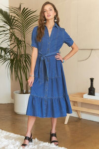 Denim ADORA Tiered Button Down Tie Waist Dress | Short Sleeve, - Modestly Vogue 