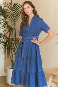 Denim ADORA Tiered Button Down Tie Waist Dress | Short Sleeve, - Modestly Vogue 