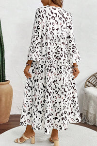 White Leopard Print Notch V Neck Loose Fit Maxi Dress - Modestly Vogue 