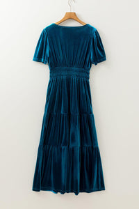 Prussian Blue Velvet Short Sleeve Shirred Waist Tiered Maxi Dress - Modestly Vogue 