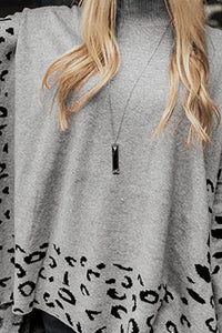 Gray Leopard High Neck Side Slit Oversized Sweater - Modestly Vogue 