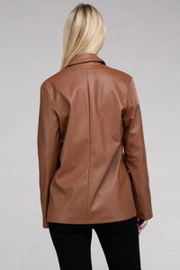 Sleek Pu Leather Blazer with Front Closure - Modestly Vogue 