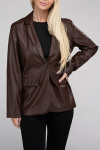 Sleek Pu Leather Blazer with Front Closure - Modestly Vogue 