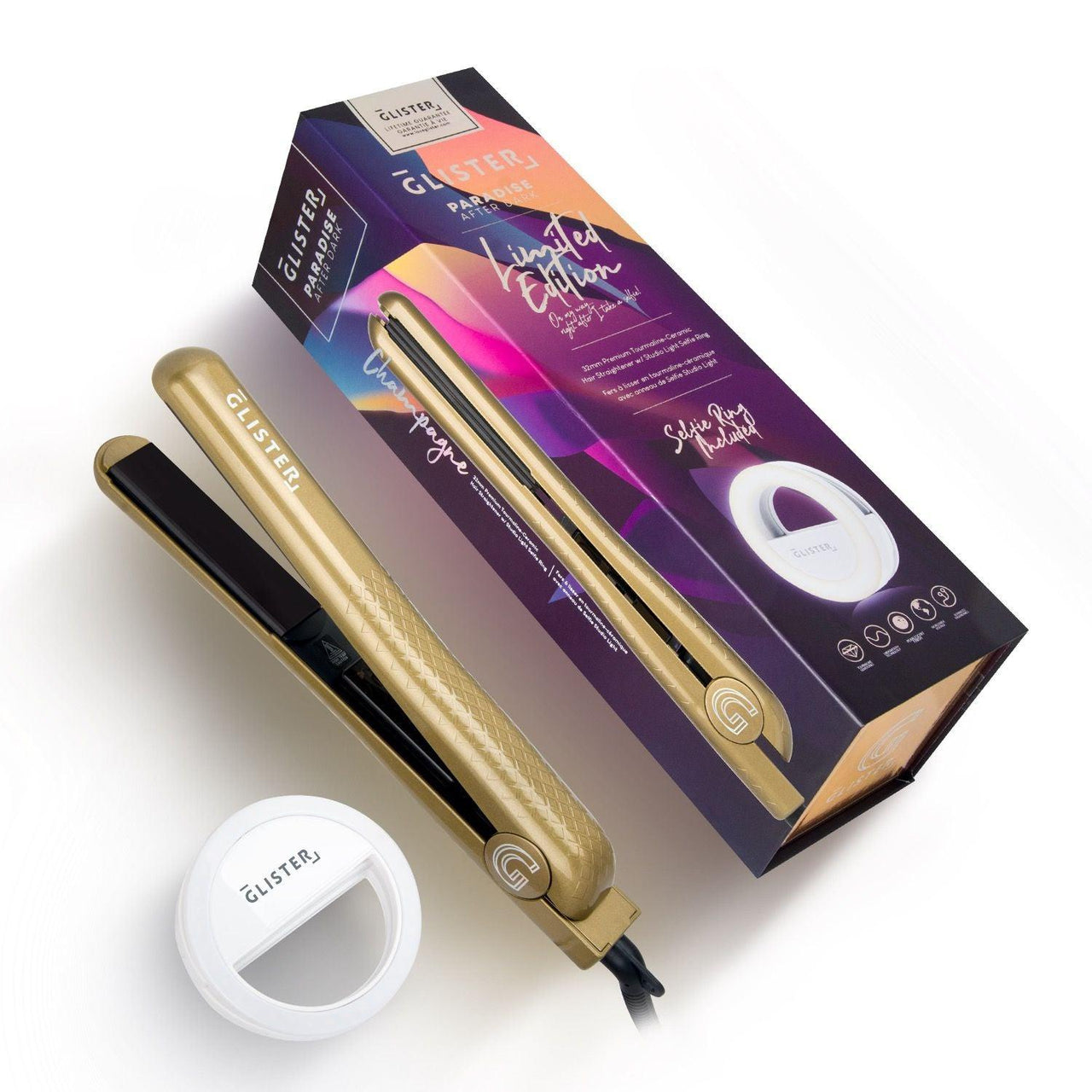 Luxe Locks – Premium Haircare & Styling Tools for Perfect, Radiant Hair | Modestly Vogue Paradise After Dark Flat Iron (with BONUS Selfie Ring) - Champagne - Modestly Vogue 