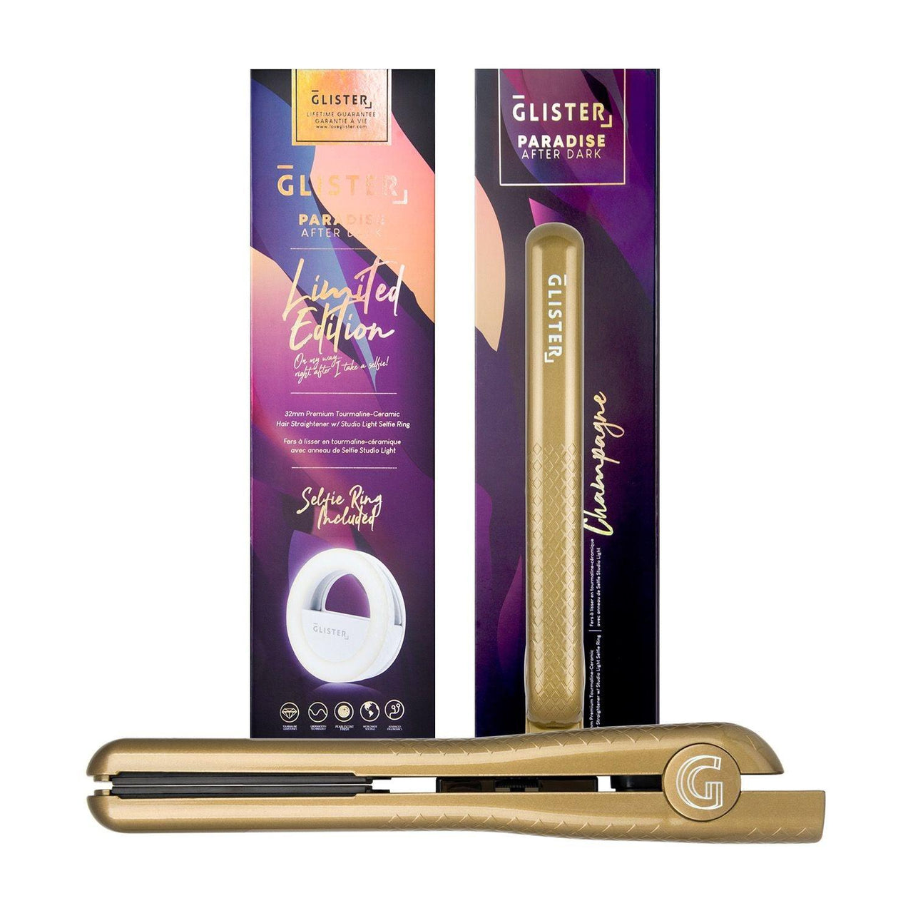 Luxe Locks – Premium Haircare & Styling Tools for Perfect, Radiant Hair | Modestly Vogue Paradise After Dark Flat Iron (with BONUS Selfie Ring) - Champagne - Modestly Vogue 