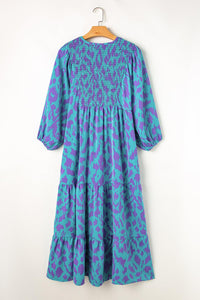 Boho Chic Sky Blue Abstract Print Puff Sleeve Tied Notched Neck Long Dress - Modestly Vogue 