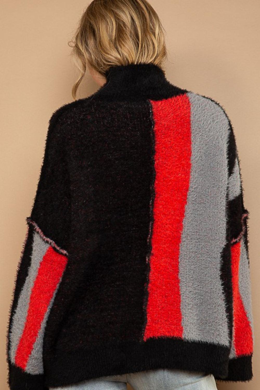 Turtleneck Color Block Sweater – Fringe Detail - Modestly Vogue 