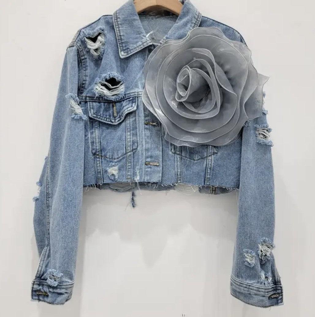 Denim Distressed Jacket with Rosette - Modestly Vogue 