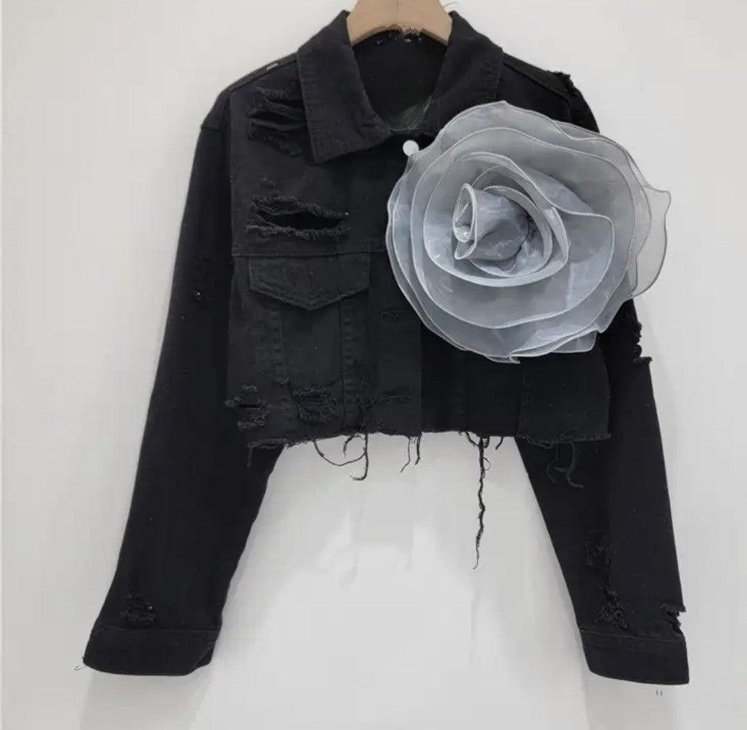 Denim Distressed Jacket with Rosette - Modestly Vogue 