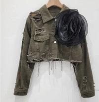 Denim Distressed Jacket with Rosette - Modestly Vogue 