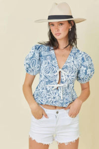 Denim Embroidered Crop Top With Front Tie Detail - Modestly Vogue 