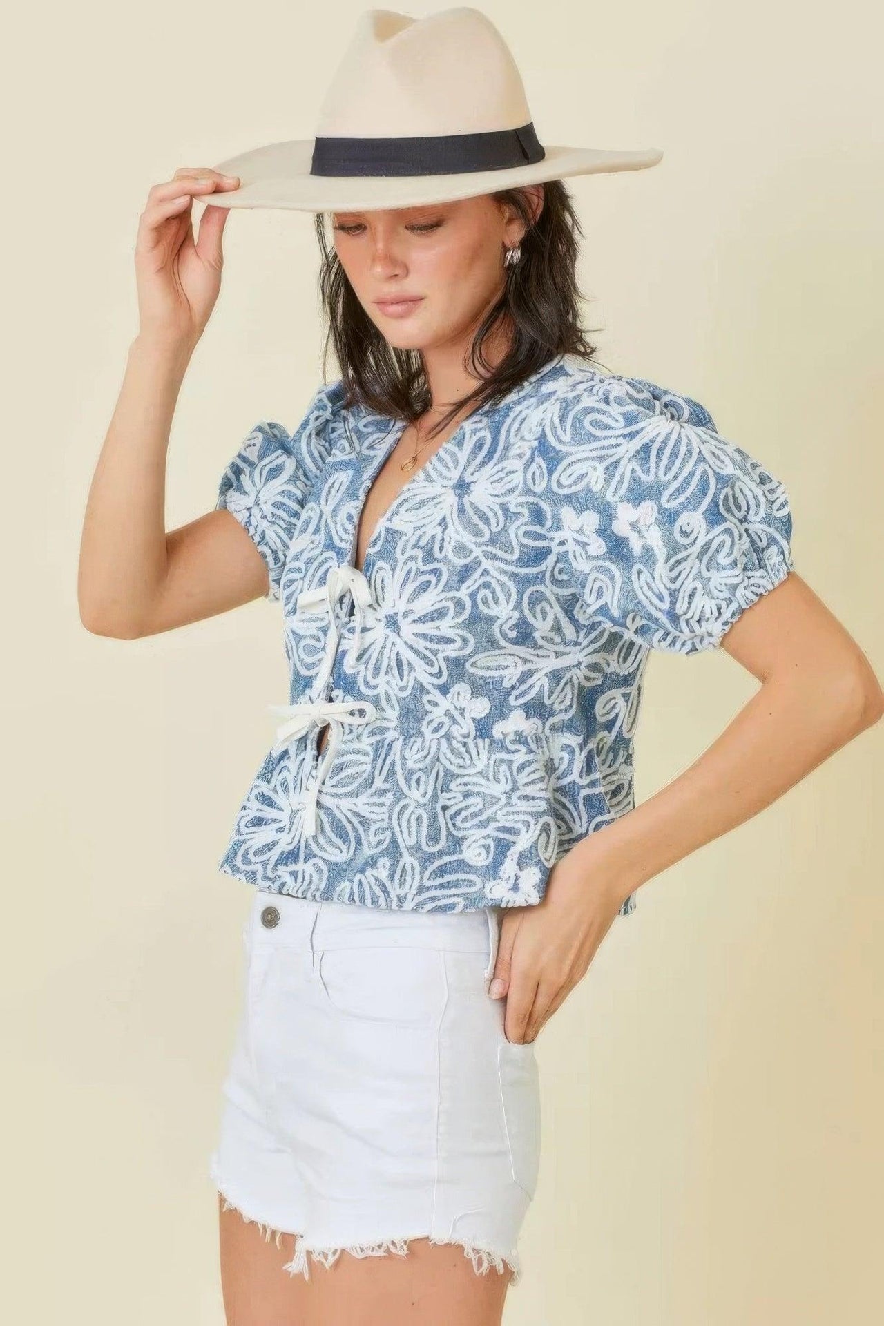 Denim Embroidered Crop Top With Front Tie Detail - Modestly Vogue 