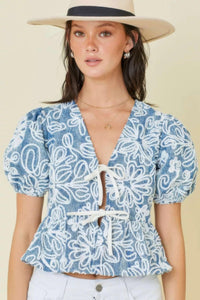 Denim Embroidered Crop Top With Front Tie Detail - Modestly Vogue 