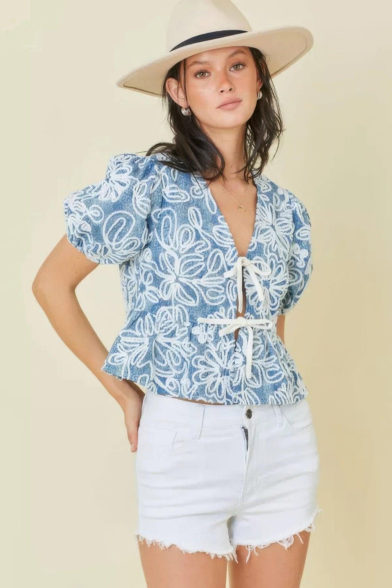 Denim Embroidered Crop Top With Front Tie Detail - Modestly Vogue 