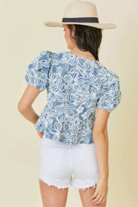 Denim Embroidered Crop Top With Front Tie Detail - Modestly Vogue 