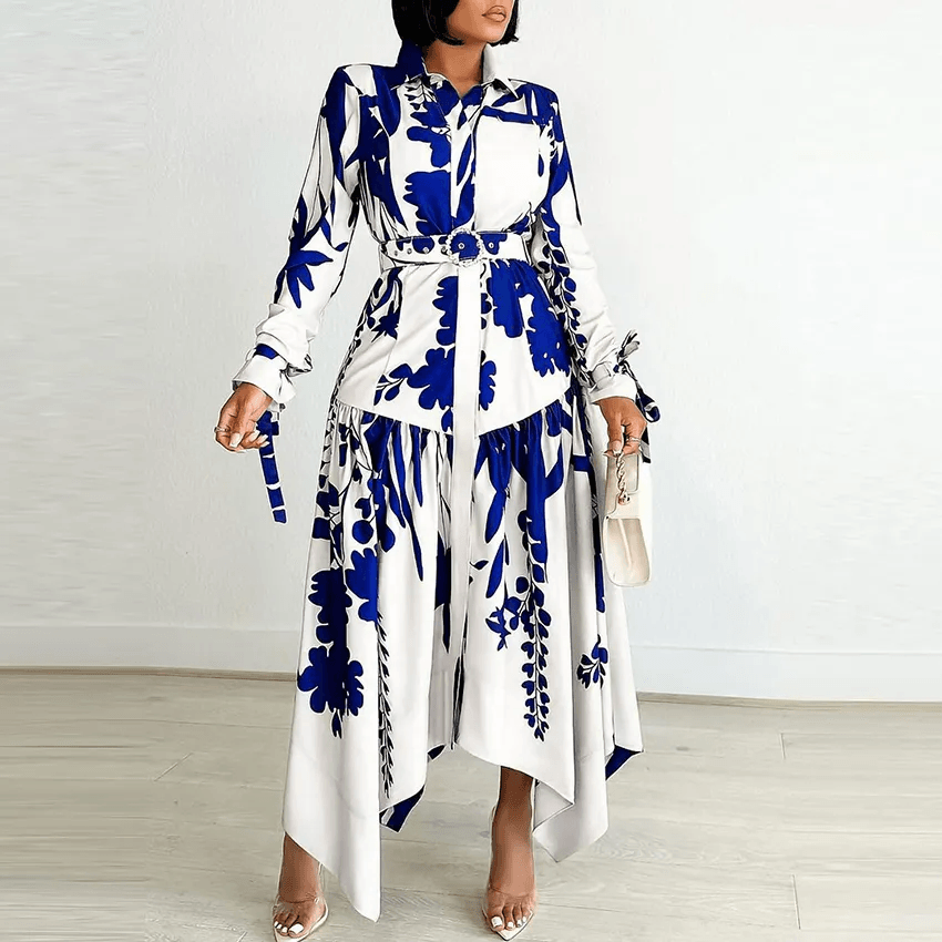 Stylish Dresses for Women – Trendy & Timeless Styles for Every Occasion | Modestly Vogue Flattering Curvy Fit | Stylish & Comfortable Plus-Size Clothing | Modestly Vogue Autumn Women Fashion Plus Size Graphic Printed Lapel Long Sleeve Irregular Dress - Modestly Vogue 