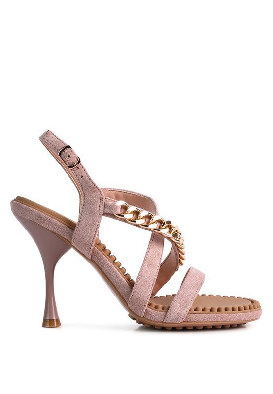 DOMEDA Metal Chain Mid Heel Sandal - Modestly Vogue 