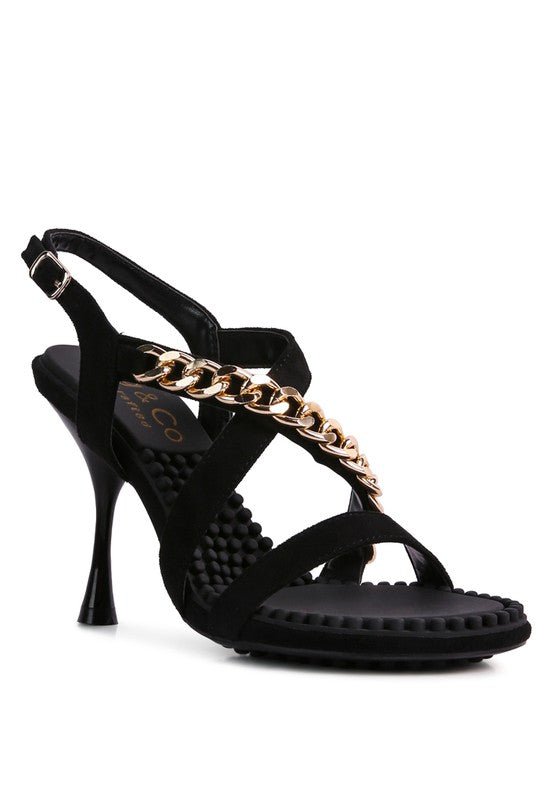 DOMEDA Metal Chain Mid Heel Sandal - Modestly Vogue 