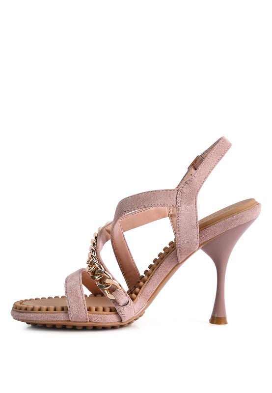 DOMEDA Metal Chain Mid Heel Sandal - Modestly Vogue 