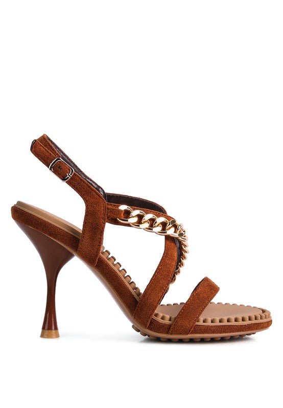 DOMEDA Metal Chain Mid Heel Sandal - Modestly Vogue 