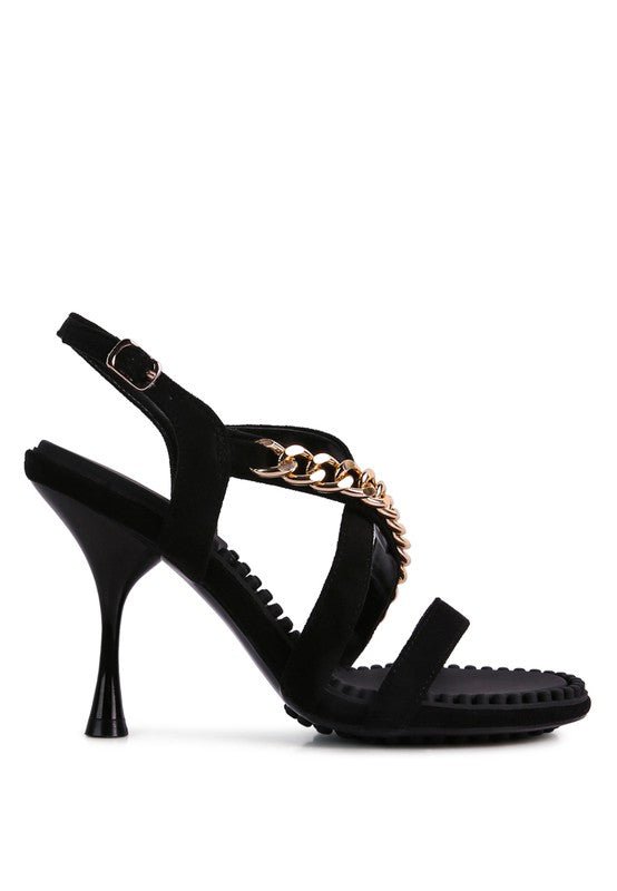 DOMEDA Metal Chain Mid Heel Sandal - Modestly Vogue 