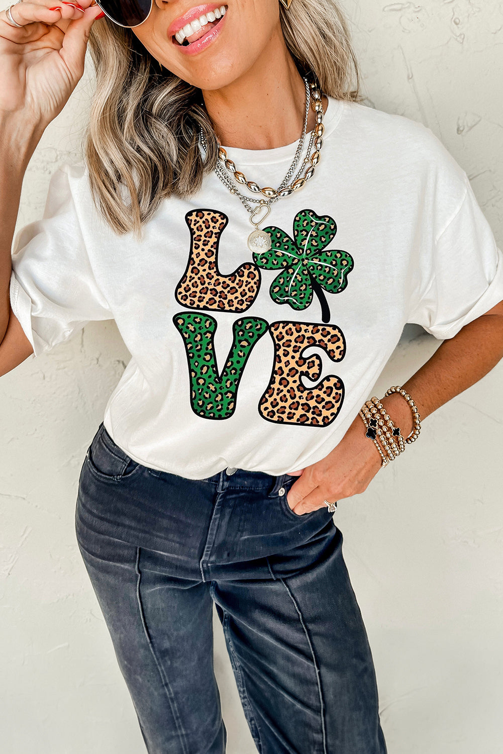 White Cheetah Clover LOVE Graphic St. Patricks Crewneck Tee - Modestly Vogue 