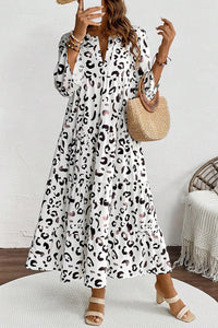 White Leopard Print Notch V Neck Loose Fit Maxi Dress - Modestly Vogue 