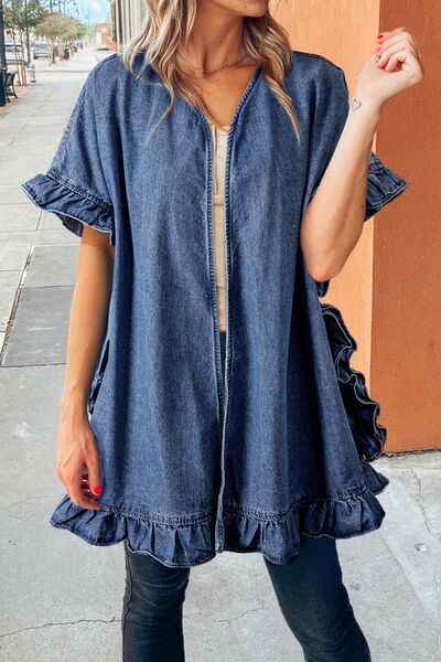 Ruffled Open Front Denim Top - Modestly Vogue 