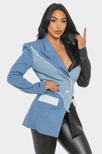 Denim Edgy and Leather Patchwork Blazer - Modestly Vogue 