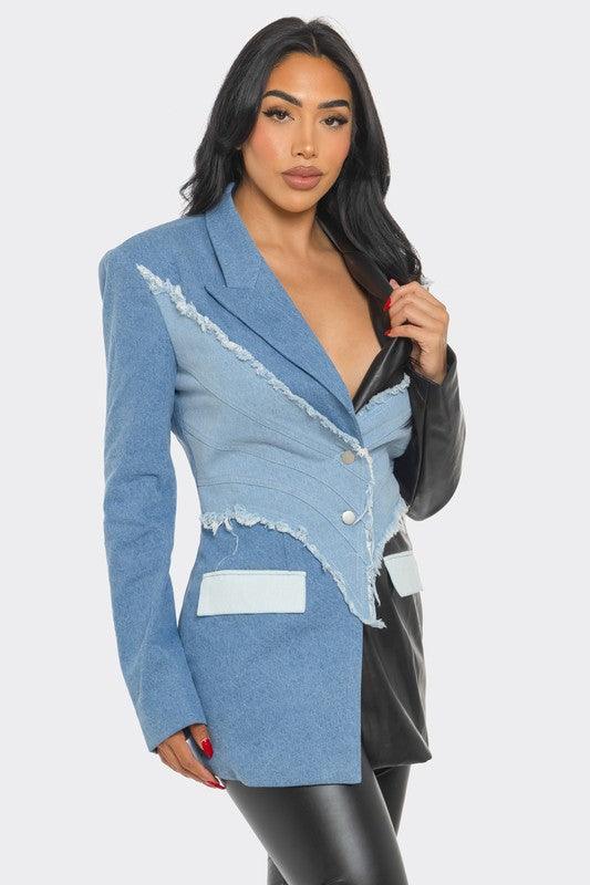 Denim Edgy and Leather Patchwork Blazer - Modestly Vogue 