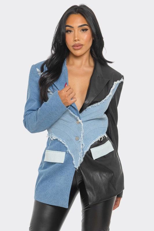 Denim Edgy and Leather Patchwork Blazer - Modestly Vogue 