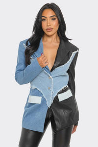 Denim Edgy and Leather Patchwork Blazer - Modestly Vogue 