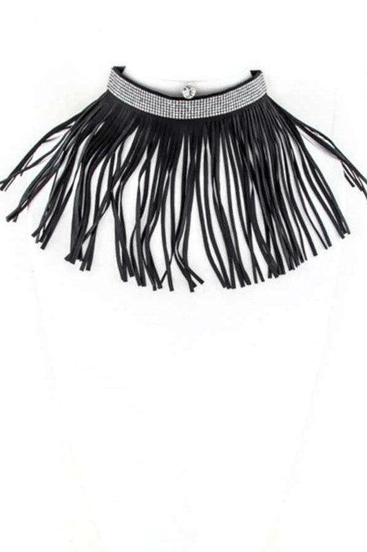 Crystal Fringe Leather Choker Set - Modestly Vogue 