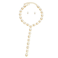 – | Y Necklace Gold Round Link Cream Pearl Set - Modestly Vogue 