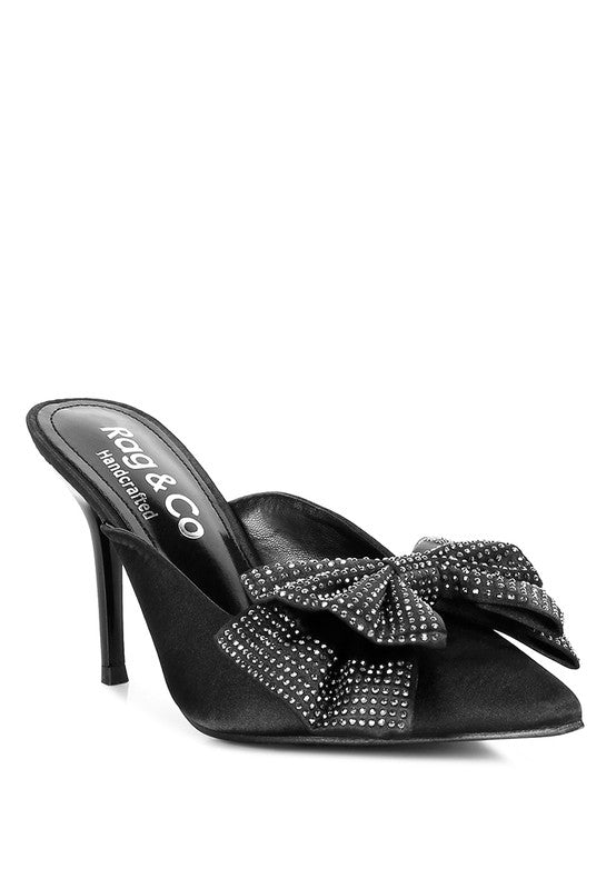 ELISDA Black Diamante Bow Heeled Mules - Modestly Vogue 