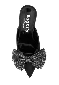 ELISDA Black Diamante Bow Heeled Mules - Modestly Vogue 