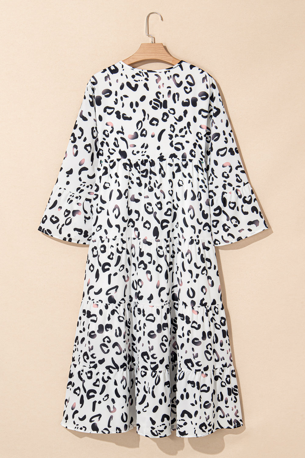 White Leopard Print Notch V Neck Loose Fit Maxi Dress - Modestly Vogue 