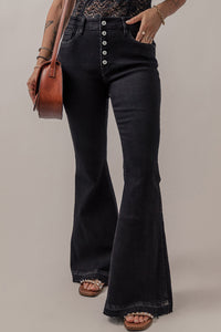 Denim Black High Waist Button Front Flare - Modestly Vogue 