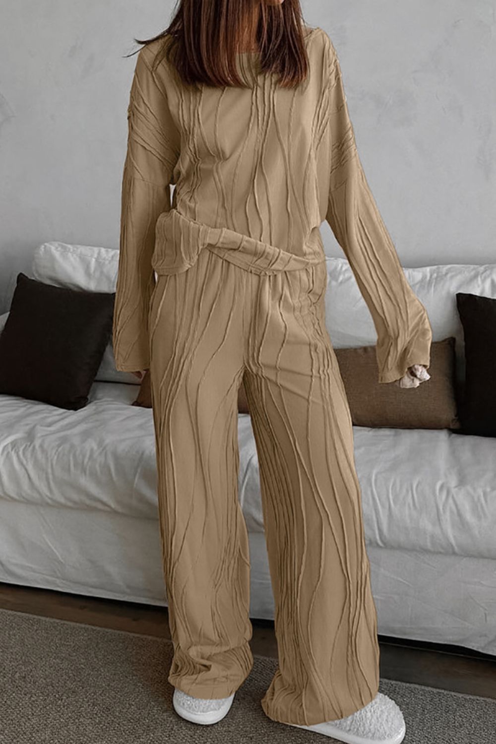 Texture Dropped Shoulder Long Sleeve Top and Pants Set - Modestly Vogue 