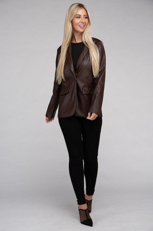 Sleek Pu Leather Blazer with Front Closure - Modestly Vogue 