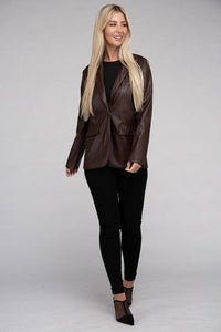 Sleek Pu Leather Blazer with Front Closure - Modestly Vogue 