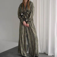 Fall Leopard Print Printed Loose Long Sleeves Trousers Suit Two Piece Set Women - Modestly Vogue 