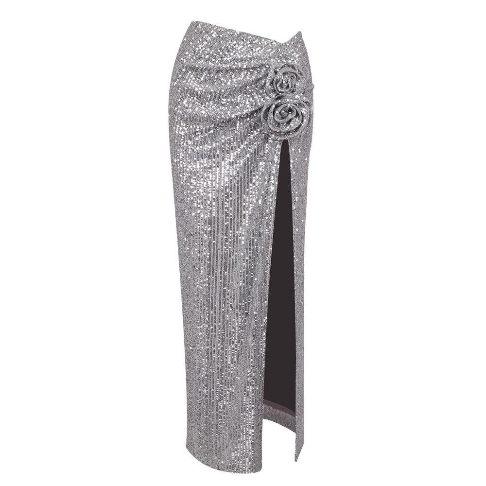 Fall Silver Dress Shiny Maxi Dress Sequined Skirt - Modestly Vogue 