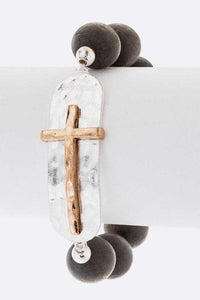 2 Tone Cross Charm Stretch Bracelet - Modestly Vogue 