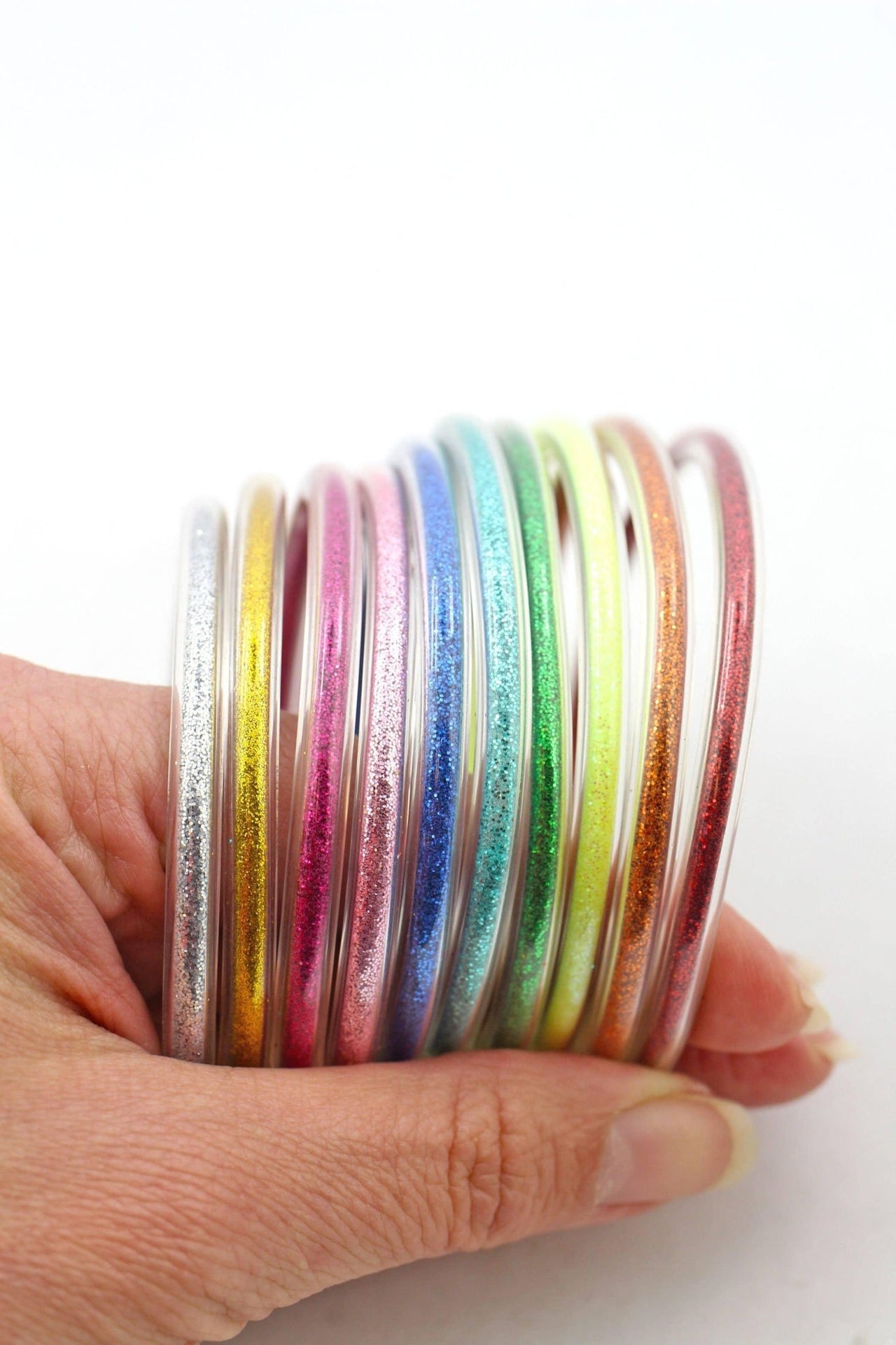 Glitter Rainbow Chakra Bangles, 10 Jelly Bracelets - Modestly Vogue 