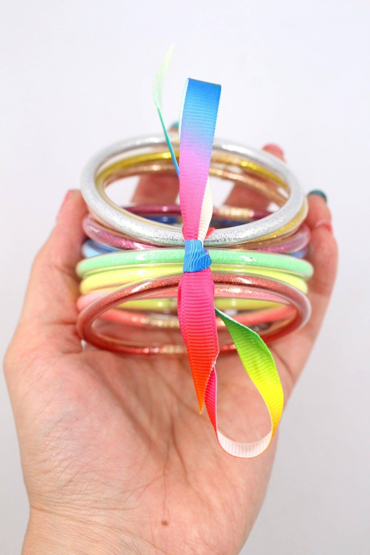 Glitter Rainbow Chakra Bangles, 10 Jelly Bracelets - Modestly Vogue 