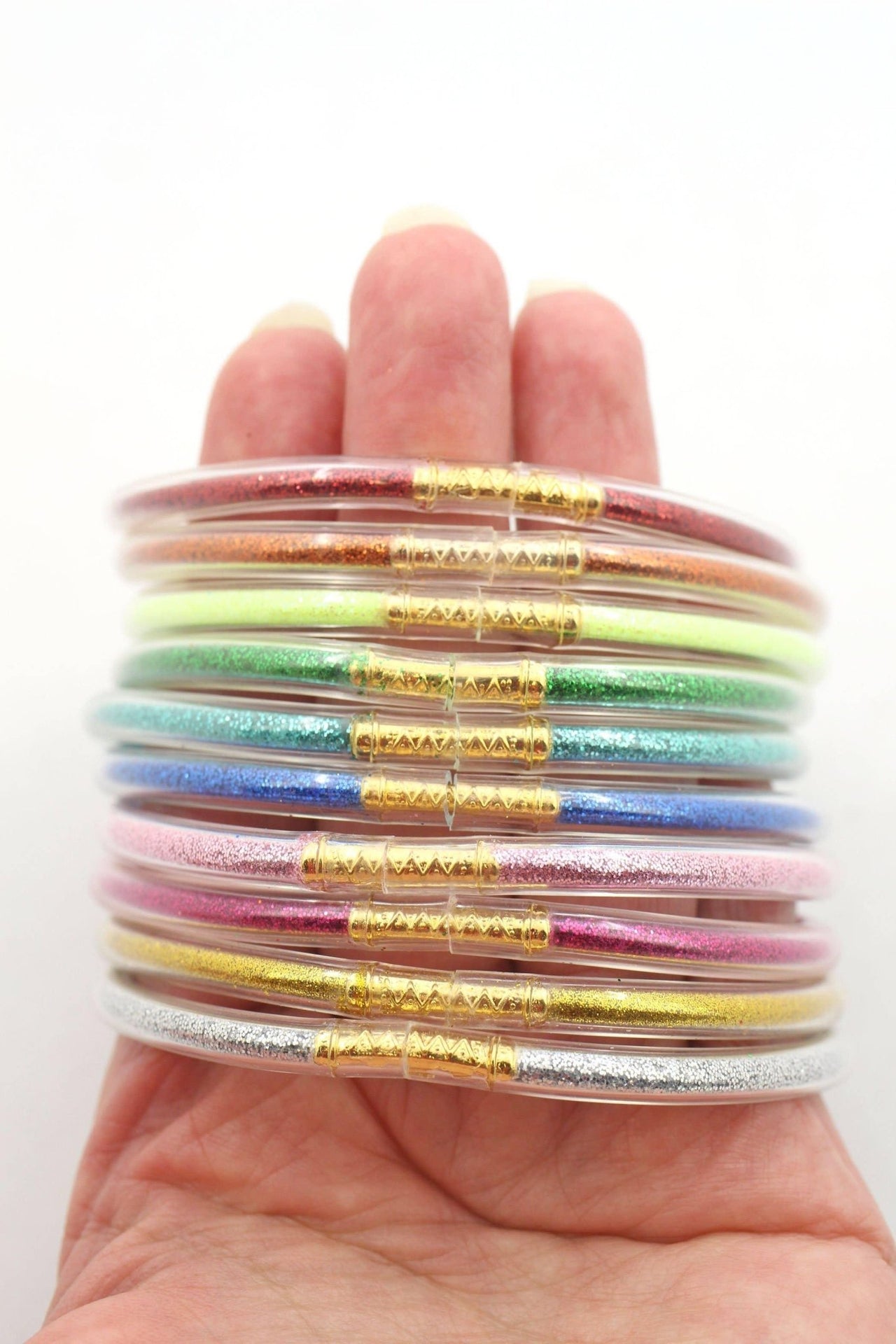 Glitter Rainbow Chakra Bangles, 10 Jelly Bracelets - Modestly Vogue 