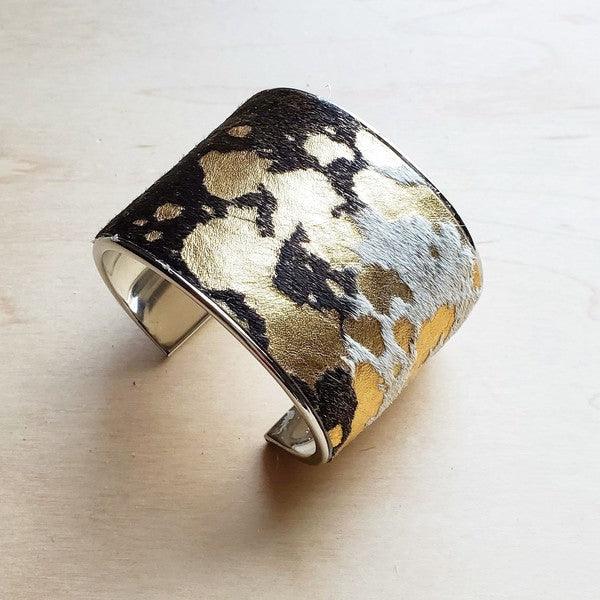 Cow Hide Mixed Metallic Cuff Bangle Bracelet - Modestly Vogue 